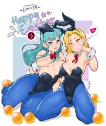 2girls android_18 blonde blonde_hair blue_eyes bulma_(bunny) bulma_briefs cameltoe cleavage curvy dragon_ball erect_nipples female huge_areolae huge_ass huge_breasts llamaboy multiple_girls puffy_nipples ribbon short_hair teenager thick_lips voluptuous wide_hips yellow_hair