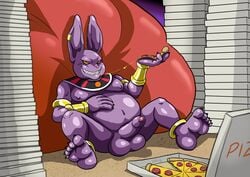 anthro balls barefoot boner champa dragon_ball eating erection feline food grin humanoid_penis looking_at_viewer male male_only mammal moobs navel nipples nude overweight partially_retracted_foreskin penis pizza reclining sharp_teeth solo spread_legs spreading teeth thedirtyshark uncut