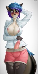 1futa 2016 anthro blush breasts buttons clothed clothing derpah dickgirl erection futa_only futanari intersex mammal nipples open_clothes open_shirt original_character penis precum shirt shorts solo