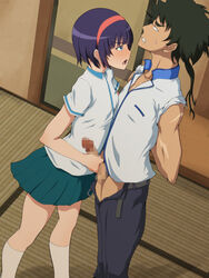 1boy arms_behind_back black_hair blue_eyes blush brown_eyes censored clenched_teeth female hairband handjob kuromukuro looking_at_another mosaic_censoring open_mouth oshiza ouma_kennosuke_tokisada penis pleated_skirt ponytail purple_hair scar school_uniform shirahane_yukina skirt sweatdrop teeth tied_hair