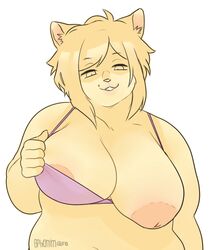 0phanim anthro areola big_areola big_breasts big_nipples bra breasts butter clothing eye_contact feline female hair hi_res huge_breasts inverted_nipples looking_at_viewer mammal nipples obese open_mouth overweight simple_background slightly_chubby smile smug solo underwear undressing