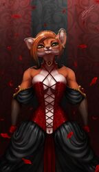 anthro breasts canine choker clitoris clothed clothing corset facial_piercing female fox fur hair lingerie lip_piercing mammal piercing pussy solo thescarletartist