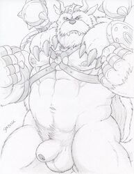 abs anthro balls beard digimon dudebulge facial_hair fist flaccid front_view greyscale harness horn mace male_only mammal melee_weapon monochrome musclegut navel nipples nude pecs pencil_(artwork) penis pose pubes standing traditional_media_(artwork) uncut vikemon weapon