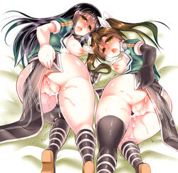 2girls after_sex areolae ass asymmetrical_legwear black_gloves black_hair black_legwear blush breasts breasts_out breath brown_hair chikuma_(kantai_collection) convenient_censoring cum cum_in_pussy cum_on_body cum_on_lower_body cumdrip full-face_blush gloves hair_between_eyes hair_ribbon half-closed_eyes kantai_collection kneehighs long_hair looking_at_viewer looking_back mabuchoco_m medium_breasts multiple_girls nipples no_panties open_mouth pelvic_curtain remodel_(kantai_collection) ribbon saliva short_sleeves side_slit single_elbow_glove single_glove single_kneehigh single_thighhigh smile striped striped_legwear teeth thighhighs tied_hair tone_(kantai_collection) twintails white_ribbon