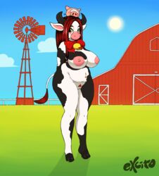 1girls anthro areolae arms_behind_back bell bovine bow breasts cattle excito farm female female_only glasses horns huge_breasts long_hair mammal navel navel_piercing nude outside pubes pubic_hair pussy red_hair slightly_chubby solo windmill yellow_eyes