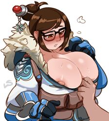 areolae assisted_exposure belt belt_pouch black-framed_glasses blue_gloves blush breasts brown_eyes brown_hair bursting_breasts cleavage coat disembodied_hand exposed_breasts eyebrows female fur-lined_jacket fur_coat glasses gloves hair_bun hair_ornament hair_stick hairbun huge_breasts large_breasts lightsource mei_(overwatch) nipple_slip nipples overwatch parted_lips plump short_hair sidelocks snowflake_hair_ornament soft_breasts solo sweat sweatdrop upper_body utility_belt winter_clothes winter_coat