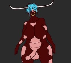 anthro ass balls big_breasts big_butt blue_hair bovine breasts cattle dickgirl erection futanari hair horn intersex mammal nipples nude penis piercing simple_background slightly_chubby solo toxicempress3 wide_hips