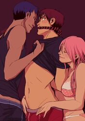 1girls 2boys aomine_daiki arms_behind_back bi_domination bisexual bisexual_male bondage boxers bra cleave_gag closed_eyes clothed daiki_aomine dominant_couple female femdom hand_in_underwear kagami_taiga kuroko_no_basuke male maledom malesub momoi_satsuki multiple_boys pink_hair shirt_grab straight taiga_kagami threesome tingos underwear