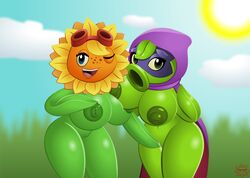 2girls :>= big_breasts breasts dendrophilia duo eyewear female fingering flora_fauna flower freckles girlfriends goggles green_shadow_(pvz) hood huge_breasts mask multiple_girls nipples one_eye_closed open_mouth peashooter_(pvz) plant plant_girl plant_humanoid plants_vs_zombies plants_vs_zombies:_heroes pussy pussy_juice pvz pvz_heroes screwroot shiny smile solar_flare_(pvz) solar_flare_(pvz_heroes) sun sunflower sunflower_(pvz) wink yuri