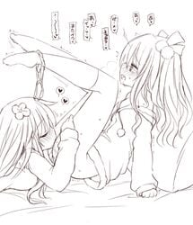 2girls arm_support blush bottomless closed_eyes cunnilingus eyebrows_visible_through_hair eyes_closed female flower full-face_blush greyscale hair_flower hair_ornament heart hyperdimension_neptunia japanese_text lingerie long_hair lying monochrome multiple_girls naked_sweater nepgear neptunia_(series) oral panties panties_around_one_leg pantsu saliva sekiri speech_bubble spoken_heart sweater thighhighs torogao underwear uni_(neptunia) vaginal_juices yuri