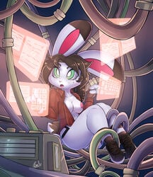 2020 absurd_res anthro bottomless breasts cables clothed clothing digital_media_(artwork) female fur furry galo genitals hacker hi_res hologram lagomorph leporid mammal pussy rabbit sitting solo white_body white_fur ych_(character)