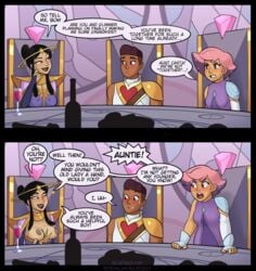 1boy 2girls bow_(she-ra) castaspella dark-skinned_male dark_skin detailed_background english english_dialogue english_text female glimmer_(she-ra) headdress male relatedguy she-ra_and_the_princesses_of_power speech_bubble tan_skin