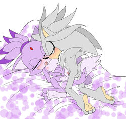 angelofhapiness anthro anus arm_grab balls bed blaze_the_cat blush breasts clitoris closed_eyes feet feline female hedgehog lying male mammal missionary_position nipples nude on_back penis pussy sex silver_the_hedgehog simple_background sonic_(series) straight suckling