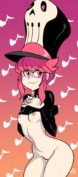 1girls areola bigdeadalive bottomless breasts female hat heart hourglass_figure jakuzure_nonon kill_la_kill looking_at_viewer music_note navel nipples pink_eyes pink_hair shako_cap short_hair sidelocks skull_print small_breasts smile solo standing wide_hips