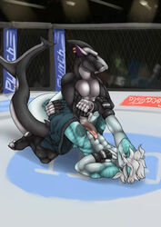 anal anal_sex arch_position arm_grab athletic cage_match closed_eyes clothing defeated dragon duo erection fight fighting_ring kloogshicer lying male on_back pants_around_one_leg penetration penis scalie shorts straining struggling sweat tapering_penis wrestling yaoi