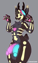 2019 5_fingers anthro antlers big_ears biped black_body black_fur black_nose black_skin bodypaint cervid cheek_tuft chest_tuft claws coffeesoda crotch_tuft dark_fur dark_skin dinkydynx diphallia diphallism dipstick_tail directional_arrow english_text facial_tuft fangs felid feline fingers fluffy front_view fur genitals girly grey_background hair handpaw heart hi_res horn hybrid inner_ear_fluff light_fur long_ears looking_at_viewer lynx male mammal multi_genitalia multi_penis multicolored_body multicolored_fur multicolored_hair multicolored_tail open_mouth open_smile outline pawpads paws penis pink_pawpads portrait short_tail signature simple_background smile solo spots spotted_body spotted_fur standing text three-quarter_portrait tuft white_outline wide_hips