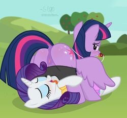 2017 alicorn anus apple ass blush clitoral_winking clitoris cutie_mark duo equine feathered_wings feathers female feral food friendship_is_magic fruit grass hair horn looking_back mammal multicolored_hair my_little_pony outside purple_feathers purple_hair pussy rarity_(mlp) shutterflyeqd sky tongue tongue_out twilight_sparkle_(mlp) unicorn whistle wings