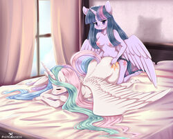 2016 alicorn anthro anthrofied bed breasts curtains cutie_mark dildo duo equine feathered_wings feathers female friendship_is_magic fur hair horn inside lying mammal multicolored_hair my_little_pony on_bed on_front pastelmistress princess_celestia_(mlp) purple_eyes purple_fur sex sex_toy smile spread_wings strap-on twilight_sparkle_(mlp) white_feathers white_skin window wings yuri