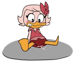 anthro avian bird blood blush blushing bow clothing cum cum_inside defloration disney dress duck ducktales ducktales_(2017) eyelashes female female_only simple_background sitting skirt solo teeth unknown_artist webby_vanderquack white_background young