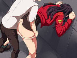 1girls against_wall ass bent_over black_hair breasts censored clothed_sex clothing dress female from_behind gainax highres human indoors jacket large_breasts legs light-skinned_female light_skin long_hair long_sleeves maku_(l-u) male misato_katsuragi mosaic_censoring neon_genesis_evangelion panties panty_pull penetration penis pink_panties purple_hair sex shinji_ikari shoes socks spread_legs sweat the_end_of_evangelion thighs underwear vaginal_penetration wide_hips