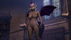 2016 3d anthro anthrofied armor bat_pony bench big_breasts book bookcase breasts candle claws cutie_mark equine female friendship_is_magic helmet holding_object inside looking_at_viewer mammal melee_weapon my_little_pony navel nipples nude open_mouth pussy royal_guard_(mlp) smile solo source_filmmaker standing sword thestral weapon wings yamimarik1994 yellow_eyes