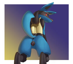 2016 anatomically_correct animal_genitalia animal_pussy ass blue_fur canine canine_pussy female fur greatredfoxwolf hi_res looking_at_viewer looking_back lucario mammal nintendo pokemon pokemon_(species) presenting presenting_hindquarters pussy rear_view simple_background solo video_games