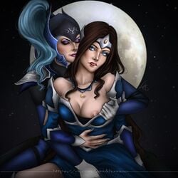 2girls amukha big_breasts biting_lip blue_eyes blue_eyeshadow breasts brown_hair dota_2 eyeshadow grab latex light_skin lip_biting lips luna_(dota) masturbation mirana moon nail nipples yuri