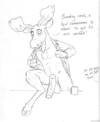 1boy anthro antlers balls bedroom_eyes black_and_white bottomless cervine clothed clothing dialogue disney dracovar_valeford english_text front_view greyscale half-closed_eyes hooves horn humanoid_penis long_penis male male_only mammal monochrome moose open_clothes open_shirt partially_retracted_foreskin pencil_(artwork) penis peter_moosebridge pubes sagging_balls seductive shirt solo step_pose talking_to_viewer text traditional_media_(artwork) uncut unseen_character vein veiny_penis zootopia