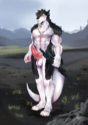 abs anthro armor ball barb biceps booboo34 boots claws clothing discordnight dragon footwear fur furred_dragon gloves gun land male_only muscular penis ranged_weapon sky solo weapon