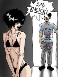 black_hair blush blush_lines blushing bra bulge bulge_through_clothing caught caught_in_the_act caught_off_guard covered_eyes crossdressing embarrassed original original_character panties self_upload shaved_pubes skinny supportive_father text text_bubble trans_woman transgender transgender_flag