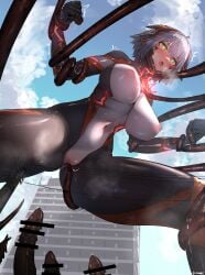 absurdres bar_censor blue_sky blush bodysuit breasts building censored clenched_hands cloud colossus_(natsukaze_shigure) covered_navel covered_nipples day energy_drain female from_below giant giantess glowing green_eyes grey_hair headgear hexagon_print highres imminent_penetration impossible_bodysuit impossible_clothes large_breasts magical_girl natsukaze_shigure open_mouth original outdoors peril pussy_juice restrained short_hair skin_tight sky solo tentacle tentacle_sex variant_set