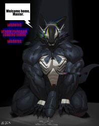 2025 absurd_res alternate_species anthro big_penis black_body bodily_fluids cum cum_on_ground cxcxxcxxxx dialogue drone english_text erection genital_fluids genitals glitch hi_res huge_cock kneeling machine male male_focus male_only marvel master multicolored_body muscular muscular_anthro muscular_male penis protogen solo speech_bubble symbiote text thick_thighs two_tone_body venom_(marvel) white_body
