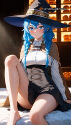 ai_generated bare_legs barefoot bed_sheet black_headwear black_skirt blue_eyes blue_hair blush braid bread breasts brown_cape brown_cloak cape cloak closed_mouth collared_shirt corset crossed_bangs feet female food foot_out_of_frame hair_between_eyes hat indoors knee_up legs long_hair long_sleeves looking_at_viewer medium_breasts meitabu meitabuu mushoku_tensei on_bed roxy_migurdia shirt sitting skirt solo thighs toenails toes twin_braids white_shirt witch_hat