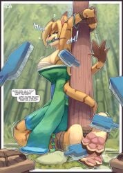 absurd_res anthro bit_gag blonde_hair blue_eyes bodily_fluids clothed clothing drooling ear_piercing ear_ring english_text felid female female_anthro fur gag gagged hair hi_res kneeling mammal markings narrowed_eyes one_eye_closed outside pawpads piercing pink_pawpads ring_piercing rz54 saliva solo speech_bubble striped_arms striped_legs striped_markings striped_tail stripes tail tail_markings text tickle_torture tickling yellow_body yellow_fur