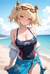 ai_generated bare_shoulders beach black_one-piece_swimsuit blonde_hair blue_sky blush breasts burnice_white cleavage closed_mouth cloud collarbone covered_navel cowboy_shot day eyewear_on_head female highleg highleg_swimsuit large_breasts looking_at_viewer mole ocean off_shoulder one-piece_swimsuit open_clothes open_shirt orange_eyes outdoors sarong shadowrealmarts shirt short_hair sky smile solo sunglasses swimsuit twintails two_side_up uncensored water white_shirt zenless_zone_zero