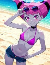 2025 ai_generated beach_background belly bikini_under_shorts black_dot_eyes cartoon_network closed_mouth dc_comics dc_super_hero_girls dcau deviantart elryusam grey_body grey_skin grinning_at_viewer hand_on_hip hand_on_sunglasses jinx_(dc) jinx_(teen_titans) looking_at_viewer meta mouth_closed pink_cheeks pink_eyebrows pink_eyes_female pink_hair_female pink_sunglasses purple_bikini purple_hairband purple_necklace short_jeans smile_at_viewer smiling_at_viewer sunglasses_on_head teen_titans tummy