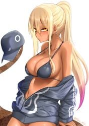 animal_humanoid bikini blonde_hair hunched_over kemono_friends king_cobra_(kemono_friends) snake_tail suggestive taka_msy_ tan_body tan_skin