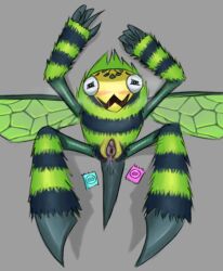 1girls 1monster anthro arms_up aroused aroused_face big_blue_bubble bug condom_wrapper dark_fur dronesect ethereal_monster evilevilevil female female_focus female_only full_body fur_markings green_eyes green_fur green_markings green_wings grey_background half-closed_eyes head_markings humbug_(my_singing_monsters) insect_wings jagged_mouth laying_on_back legs_apart looking_pleasured monster multicolored_fur my_singing_monsters no_breasts no_humans non-human non-human_only plain_background pussy pussy_dripping request self_upload simple_background solo solo_female spread_legs spreading stinger stinger_(anatomy) striped_fur tagme vagina wet_pussy wings