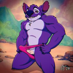 1:1 2024 4_fingers alien anthro blue_nose chest_tuft claws clothed clothing digital_drawing_(artwork) digital_media_(artwork) disney erection experiment_(lilo_and_stitch) fabfelipe featureless_chest finger_claws fingers fur fur_tuft genitals hi_res kneeling lilo_and_stitch male male_only pecs penis pink_clothing pink_eyes pink_thong pink_underwear purple_body purple_fur snaggle_teeth solo thong thong_only tongue topless topless_anthro topless_male tuft underwear underwear_only vein veiny_penis