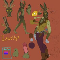 1:1 animal_genitalia animal_humanoid anthro antlers balls boots bottomwear brown_body clothed clothing cowboy denim denim_bottomwear denim_clothing erection footwear fur genitals gloves gun handwear hi_res horn humanoid humanoid_genitalia humanoid_penis hybrid_genitalia hybrid_penis jackalope jackalope_humanoid jeans lagomorph lagomorph_humanoid leporid male mammal mammal_humanoid model_sheet pants penis rabbit ranged_weapon sheath sheathed_humanoid_penis shoes smoking solo spurs teratori topwear vest weapon western yellow_eyes