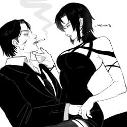 1boy 1girls cigarette grabbing grabbing_chin hand_on_hip nam-gyu se-mi sitting sitting_on_lap sitting_on_person smoking squid_game straddling straight