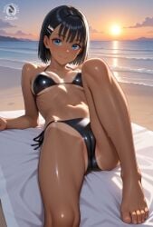 1girls ai_generated bikini cameltoe feet foot_fetish knee_up kofune_mio looking_at_viewer lying medium_breasts on_towel seacreator smile solo summertime_render tan tan-skinned_female tan_body tan_skin tanline tanned tanned_skin toenails toes towel