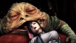 ai_generated alien alien/human black_hair blue_eyes brunhild_(shuumatsu_no_valkyrie) creature crossover disgusted disgusted_expression female humiliation jabba_the_hutt jabbaman58 licking record_of_ragnarok red_eyes size_difference slug star_wars tongue_out ugly