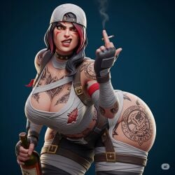 aggressive ai ai_generated alcohol angry_expression anime_style attitude badass badass_girl battle_scar big_ass big_breasts booze bottle bruises cigarette cleavage confident_expression curvy dangerous dirty dominant_pose drunk drunk_girl female fingerless_gloves fortnite full_body glaring heavy_breasts hot_woman huge_breasts humanoid looking_at_viewer messy_hair muscular open_mouth scars sexy_female side_eye smoking smoking_hot solo strong_female strong_muscles stylized_armor tall tank_top thick_thighs tight_clothes
