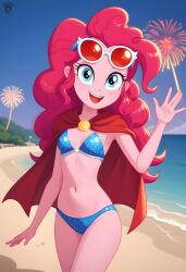 2025 ai_generated alfrehr203 beach_background belly blue_bikini blue_eyes_female deviantart equestria_girls fireworks hasbro looking_at_viewer meta open_mouth open_mouth pink_eyebrows pink_hair_female pinkie_pie_(eg) red_cape smile_at_viewer smiling_at_viewer sunglasses_on_forehead tummy waving_at_viewer white_sunglasses
