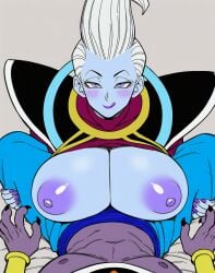 ai_generated beerus big_breasts big_penis blue_skin breasts breasts_on_lap dragon_ball dragon_ball_super female male penis purple_skin rule_63 whis