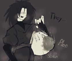 ambiguous_gender big_breasts black_hair breasts breasts_out closed_eyes dripping english_text forsaken_(roblox) hair huge_breasts intersex large_breasts messy messy_hair musk roblox sound_effects sweat text two_time_(forsaken) u_nkno3ngrounds
