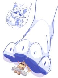 anthro blue_pawpads bodily_fluids bondage bound closed_eyes cum cumshot duo ejaculation erection extreme_size_difference feet female female_anthro foot_fetish foot_focus foot_play footjob fur genital_fluids hair hi_res lying macro male male/female male_anthro micro nude on_back paige_(p4wsized) pawpads rz54 rz54_(rz54) sex simple_background simple_eyes tan_body tan_fur tape tape_bondage white_background white_body white_fur white_hair