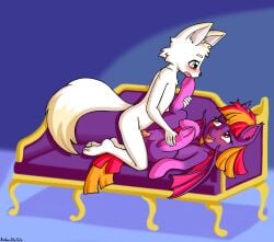 absurd_res anibaruthecat anthro arctic_fox bat bat_pony canid canine champagne_fox duo equid equine fan_character female feral firestar fox friends_with_benefits fur furniture hasbro hi_res interspecies male male/female mammal my_little_pony sex sex_with_pred size_difference sofa tail true_fox