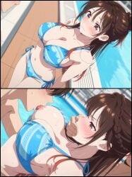 1girls 2boys ai_generated big_breasts bikini blue_bikini blush breast_sucking forced_sex kanojo_okarishimasu lovehuwu mizuhara_chizuru one_breast_out pool